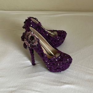 Purple Sequined High Heel Pumps with Rose Detail